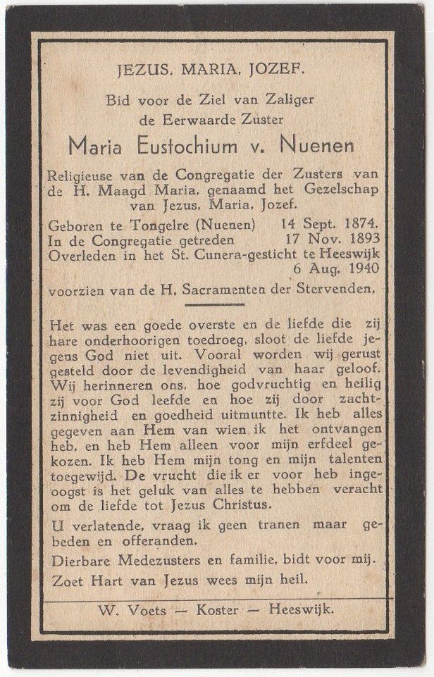 Maria E. van Nuenen 1874 Tongelre/Nuenen + 1940 Heeswijk, Verzenden