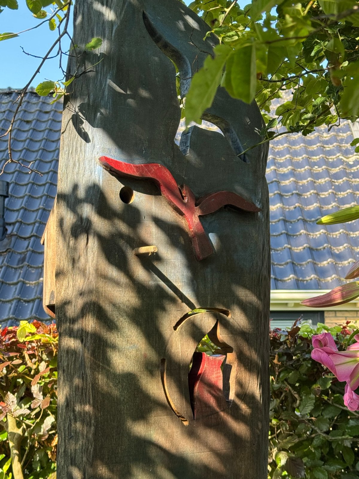 Uniek handgesneden houten beeld met vogelmotieven, Ophalen, Handgemaakt, 1 meter - 2 meter, Beeld