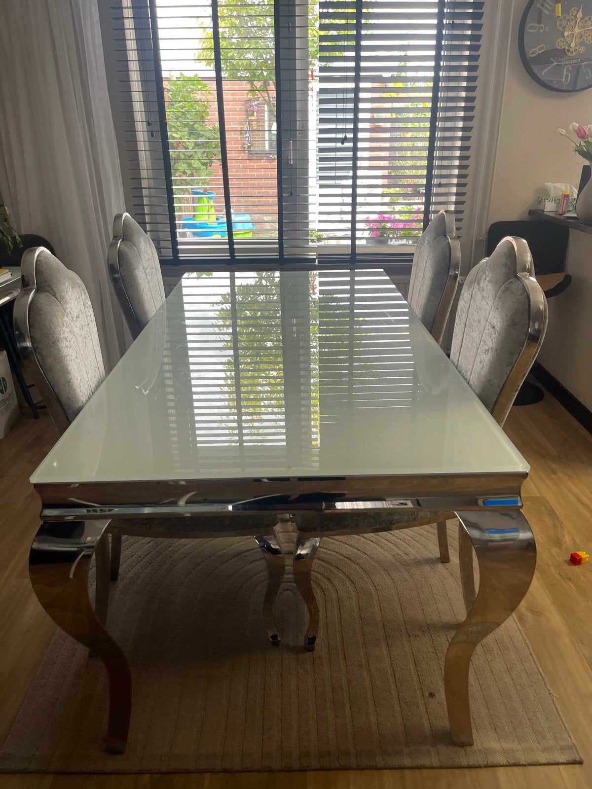 Eettafel met 6 stoelen, salontafel en sidetable/tv-meubel, Ophalen, 100 tot 150 cm, Glas, Vijf personen of meer