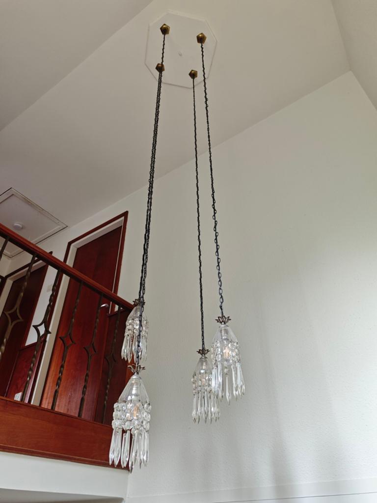 Kroonluchter van 4 vintage kristallen lampen, Huis en Inrichting, Lampen | Kroonluchters, Ophalen, Gebruikt, Glas, Vintage, Klassiek, Kristal