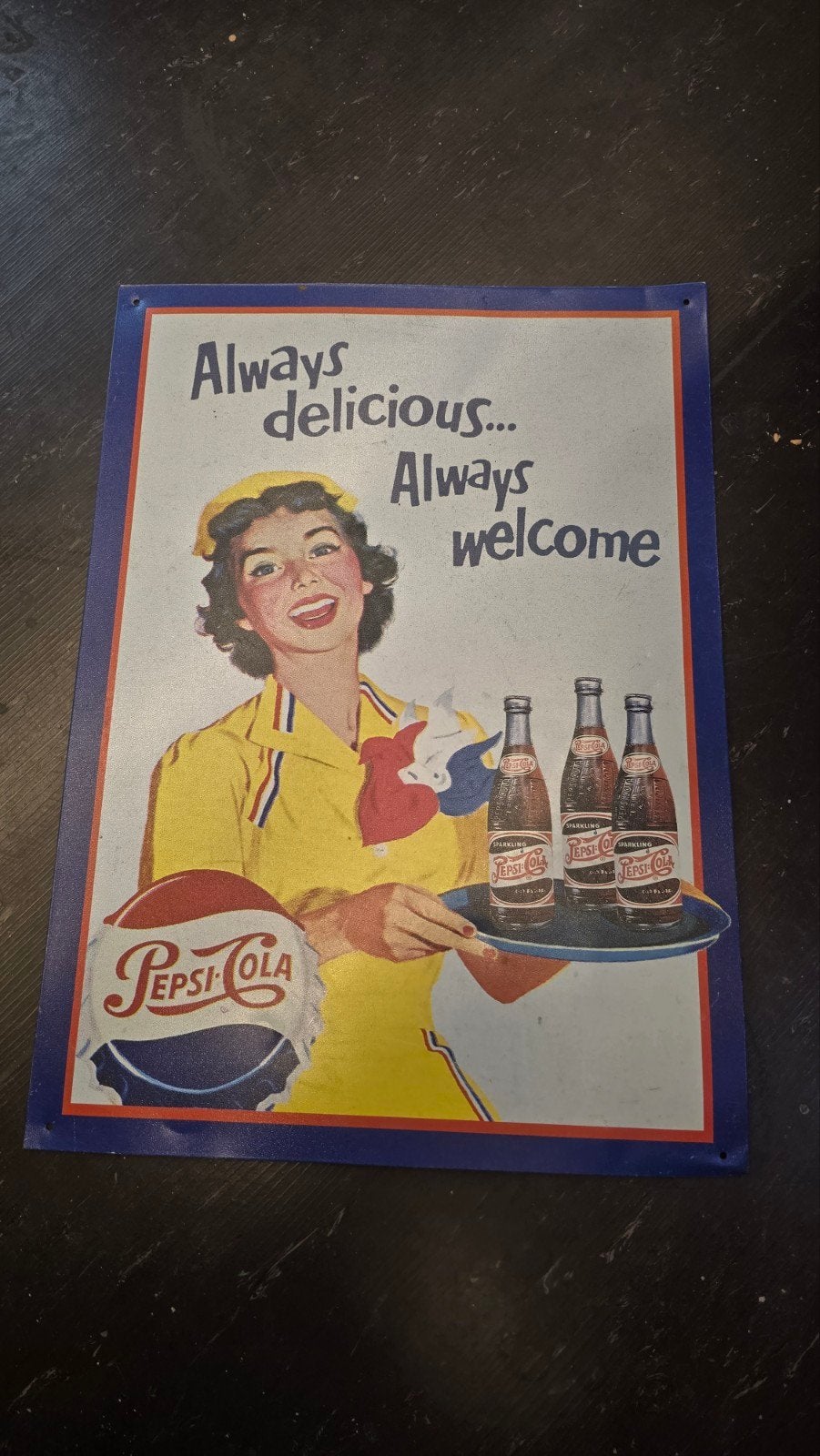 Vintage Pepsi-Cola Reclamebord - Always Delicious, Ophalen, Gebruikt, Reclamebord