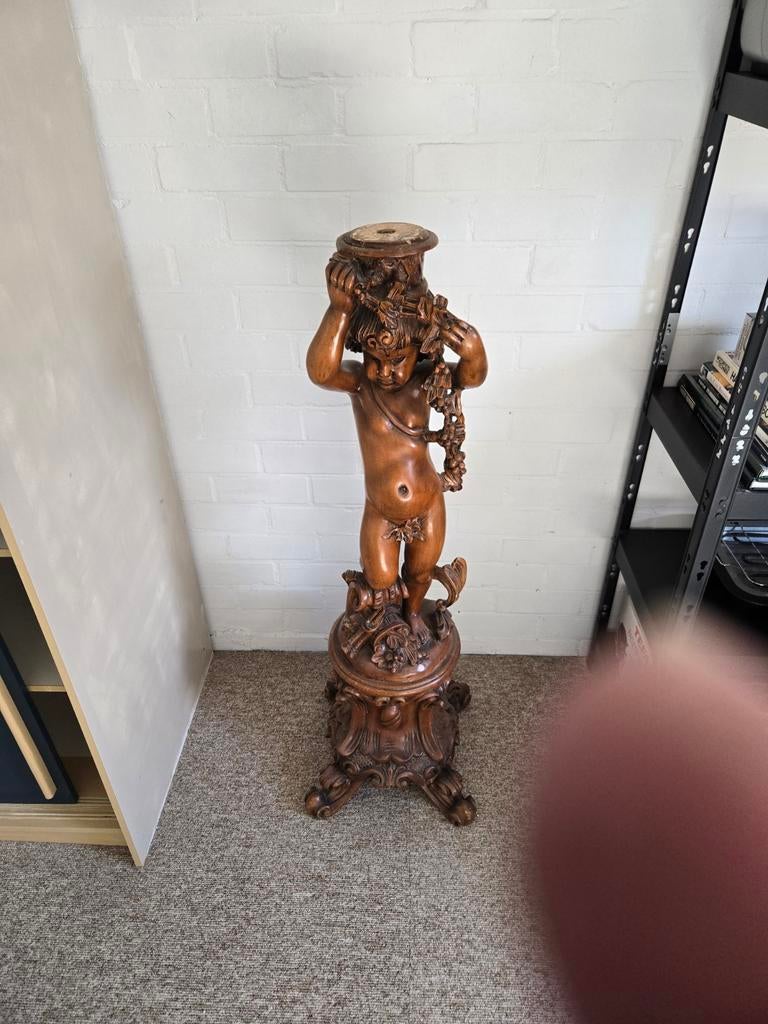 Antiek Barok Beeld van Putto/Cherubijn, Beeld, Hout, Bruin, Handgemaakt