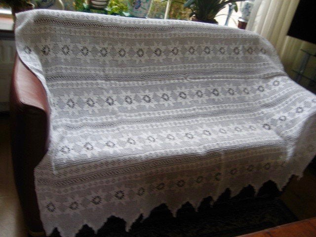 GEHAAKT WIT KATOENEN KLEED / SPREI BROCANTE MOOI STRAK PATRO, Antiek en Kunst, Ophalen of Verzenden