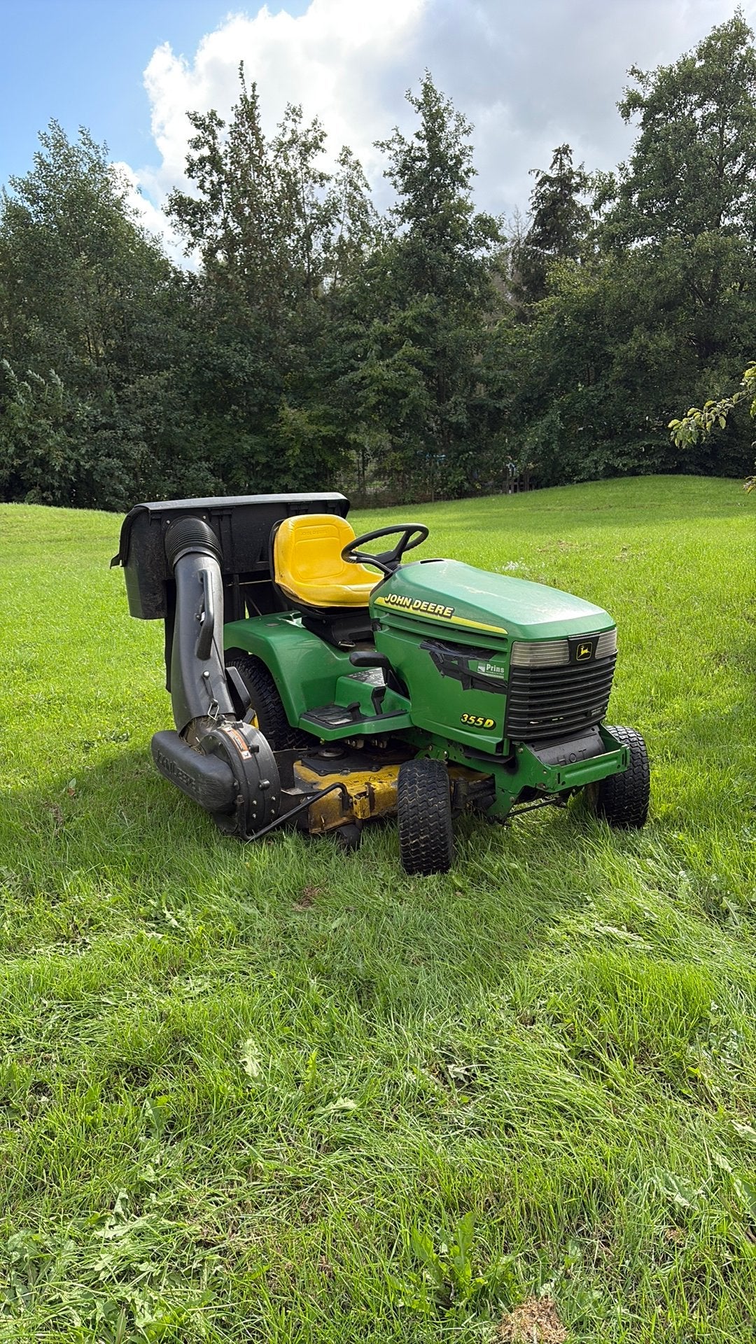 John Deere 355D zitmaaier, Ophalen, Gebruikt, Opvangzak, 120 cm of meer