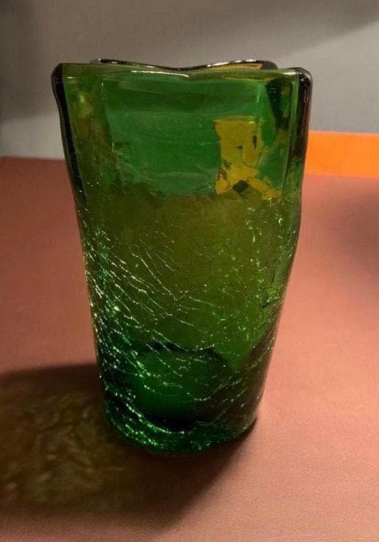 Vintage groene Murano crackle handgeblazen vaas.598, Ophalen of Verzenden