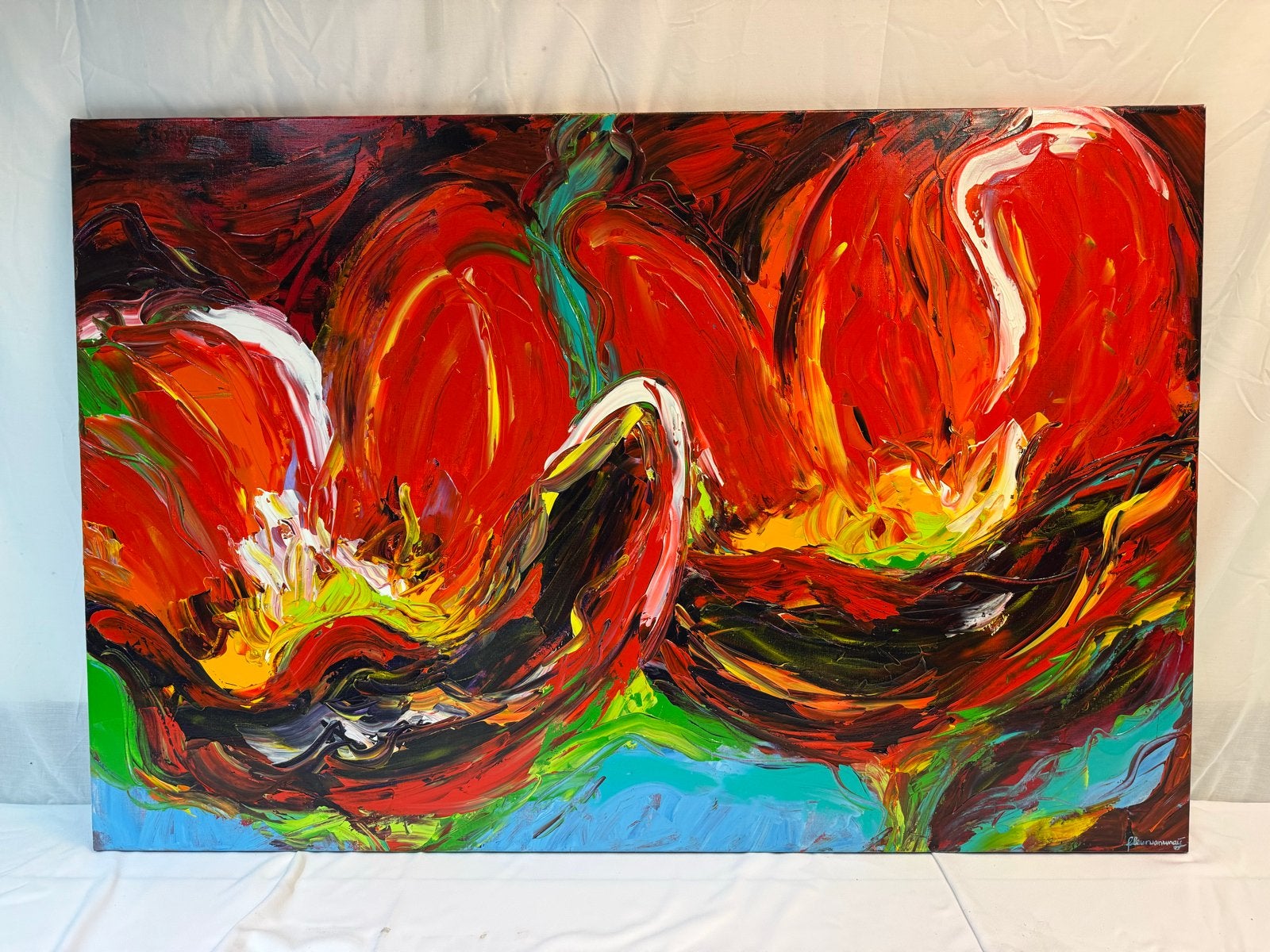 Levendig abstract schilderij met rode bloemen, Antiek en Kunst, Ophalen