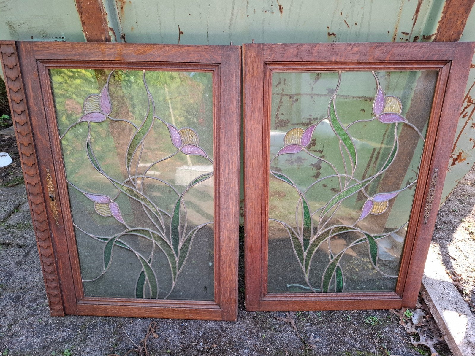 Set van 2 glas-in-lood panelen met bloemmotief, Antiek en Kunst, Ophalen
