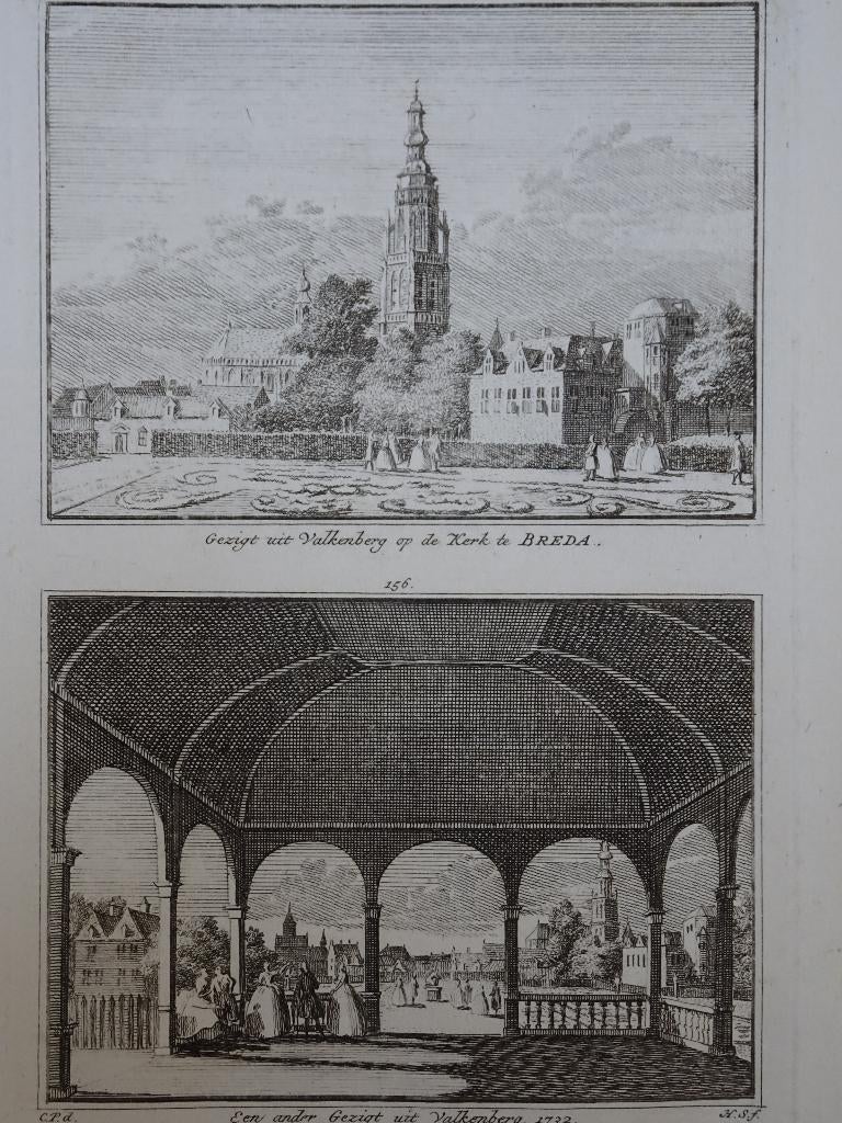 gravures gezicht uit Valkenberg op kerk Breda, Spilman 1732, Verzenden