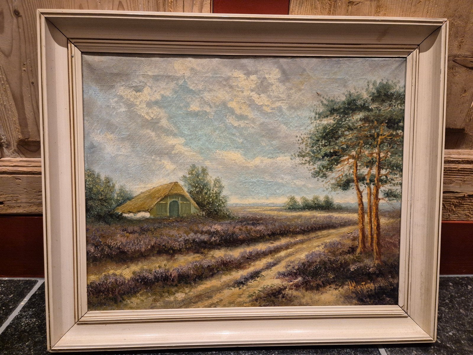 Schilderij Heide Landschap met Schaapskooi - Gesigneerd, Antiek en Kunst, Doek, Realistisch, Ophalen of Verzenden, Landschap