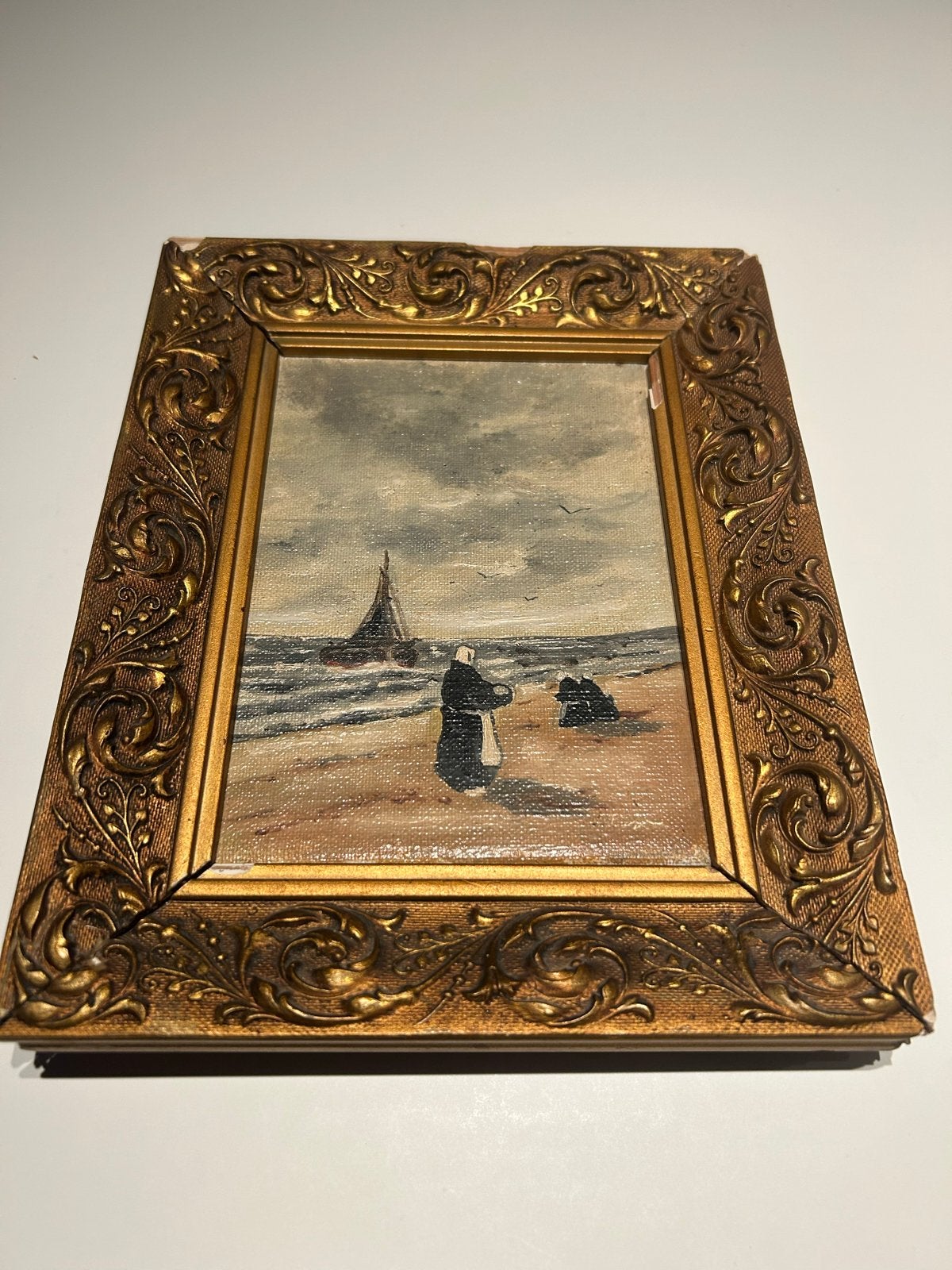 Olieverfschilderij Visser aan Zee met Schip - Klassiek, Ophalen, Maritiem / water, Doek, Olieverf