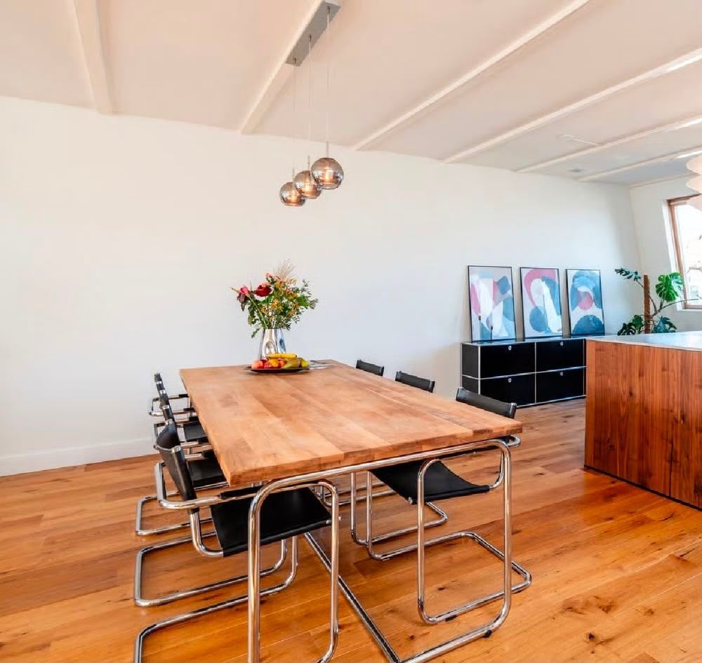 Massief eikenhouten tafel met RVS onderstel 240 x 100 cm, Ophalen, 100 tot 150 cm, Eikenhout, 200 cm of meer