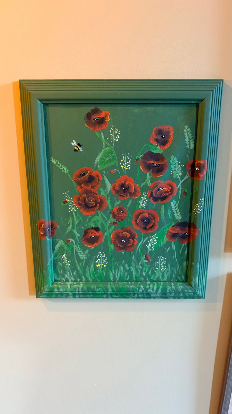 Handgeschilderd schilderij met klaprozen en bij, Acrylverf, Hout, Verzenden, Handgeschilderd