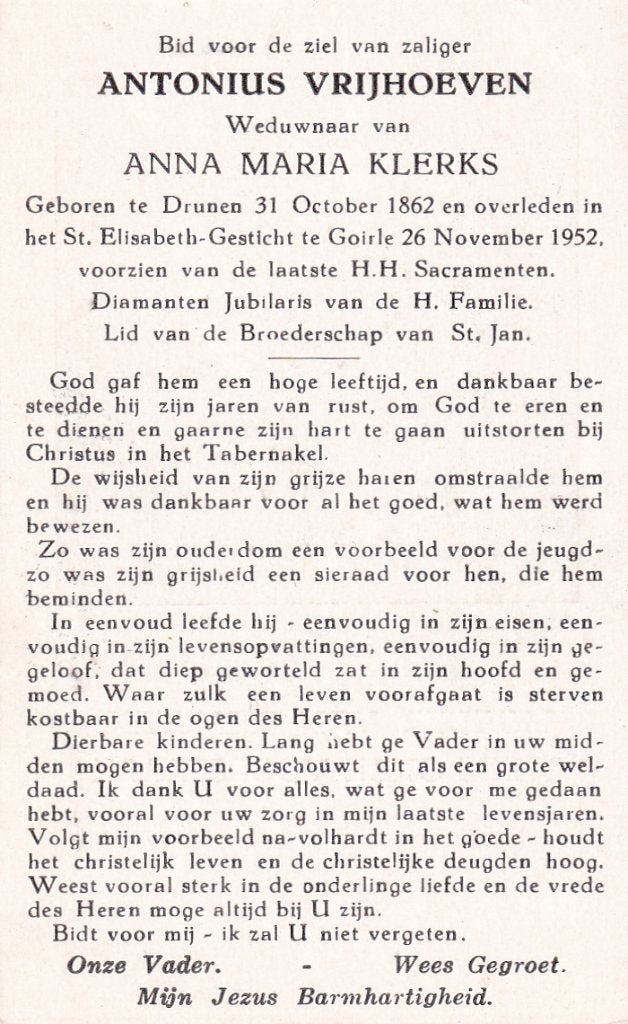 Vrijhoeven Antonius 1862 Drunen 1952 Goirle, Verzamelen, Bidprentjes en Rouwkaarten, Ophalen of Verzenden, Bidprentje