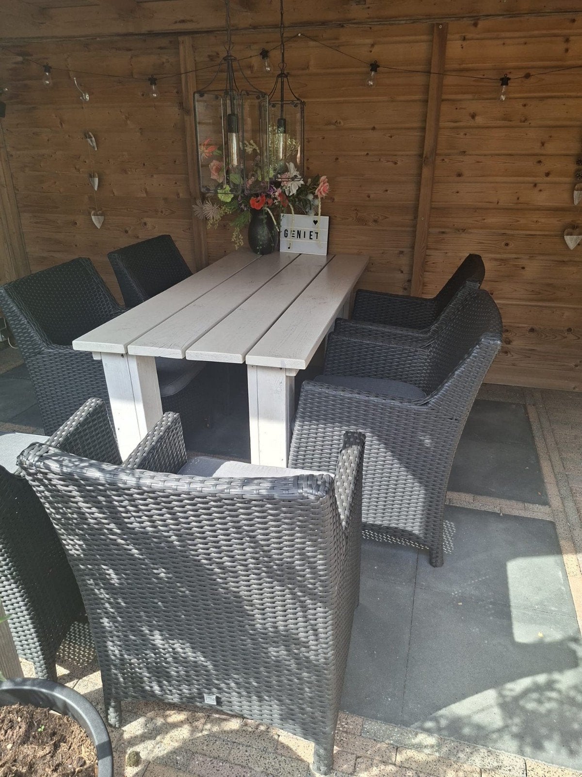 nette Steigerhout tuinset met 6 wicker stoelen en kussens, Tuin en Terras, Tuinsets en Loungesets, Ophalen, Gebruikt, Wicker