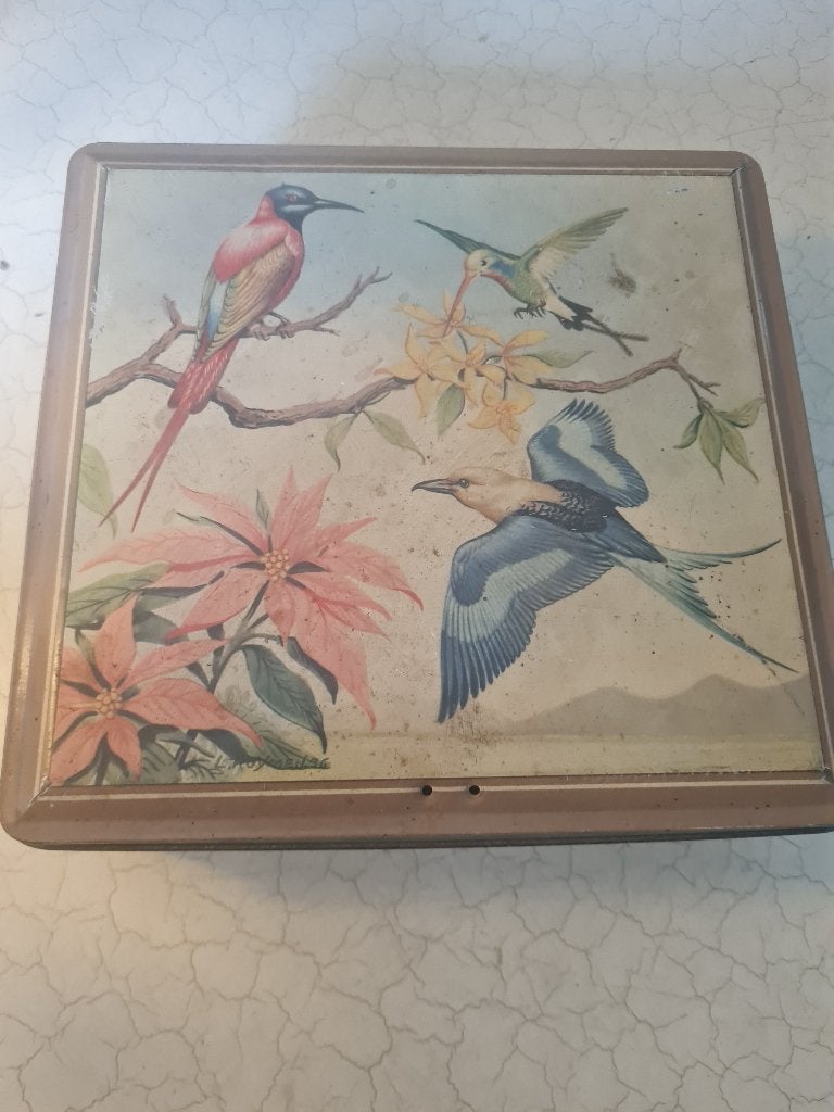 Vintage groter blik met vogel decor, Ophalen of Verzenden