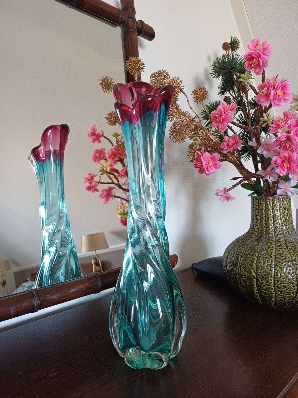 Grote Murano Stijl Glazen Vaas - Turquoise & Roze, Ophalen of Verzenden