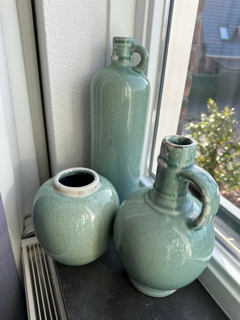 Set van 3 Craquelé Vazen - Groen Keramiek, Ophalen