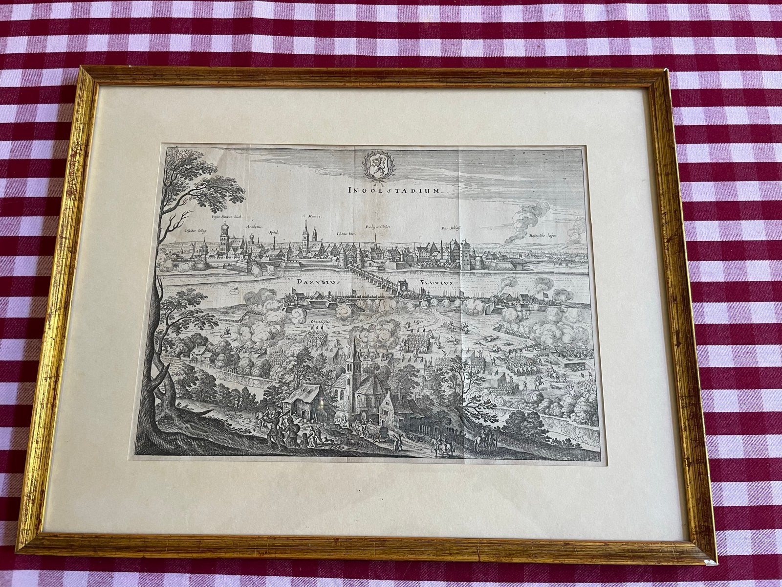 Kopergravure Ingolstadt door Matthäus Merian (ca. 1646), Met tekst, Stadsgezicht, Gravure, 1600 - 1699