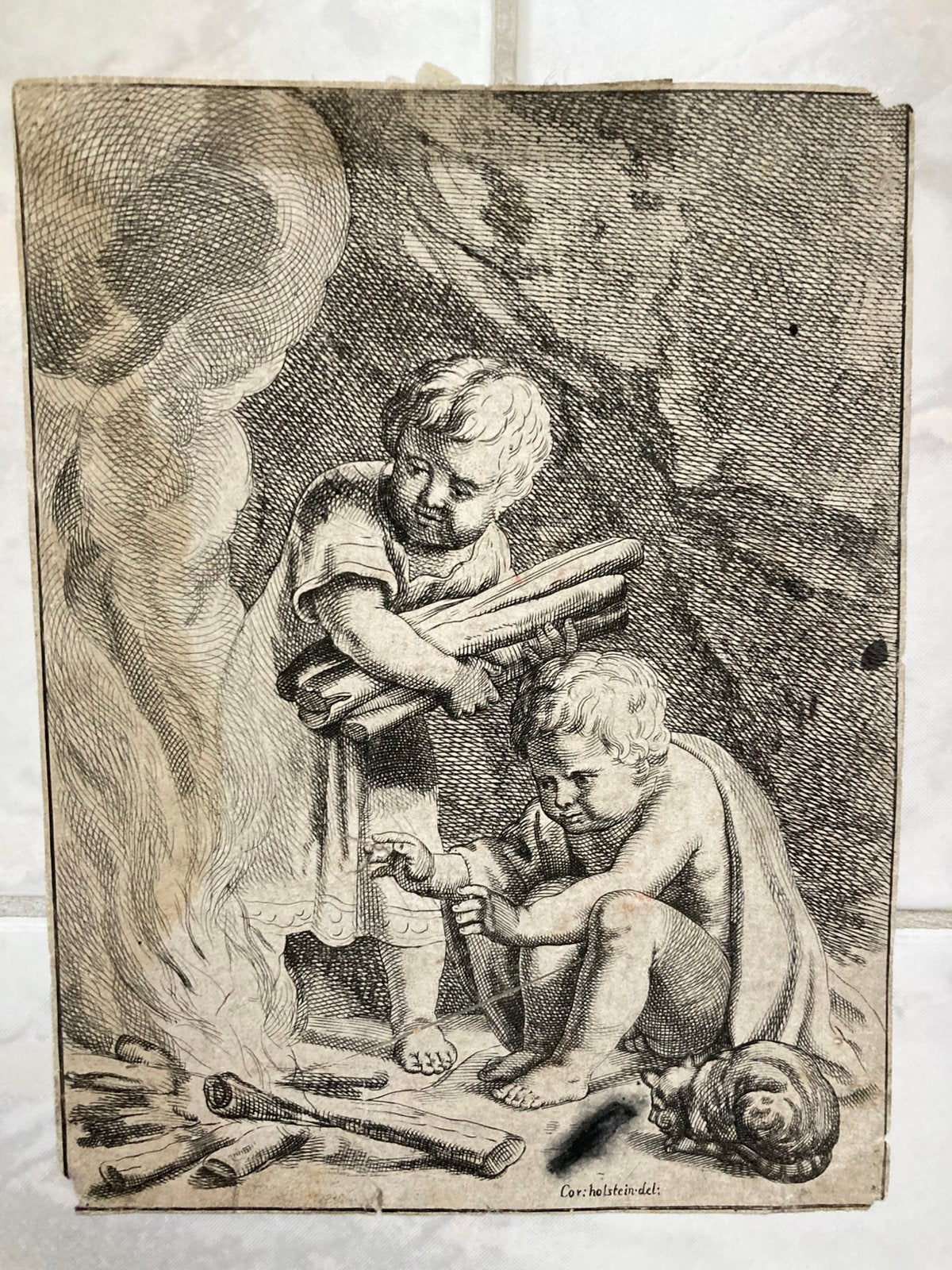 1650: Kinderen en kat bij vuur, Holstein, Talon, 19x15cm., Portret, 19 cm, 14 cm, 1600 - 1699