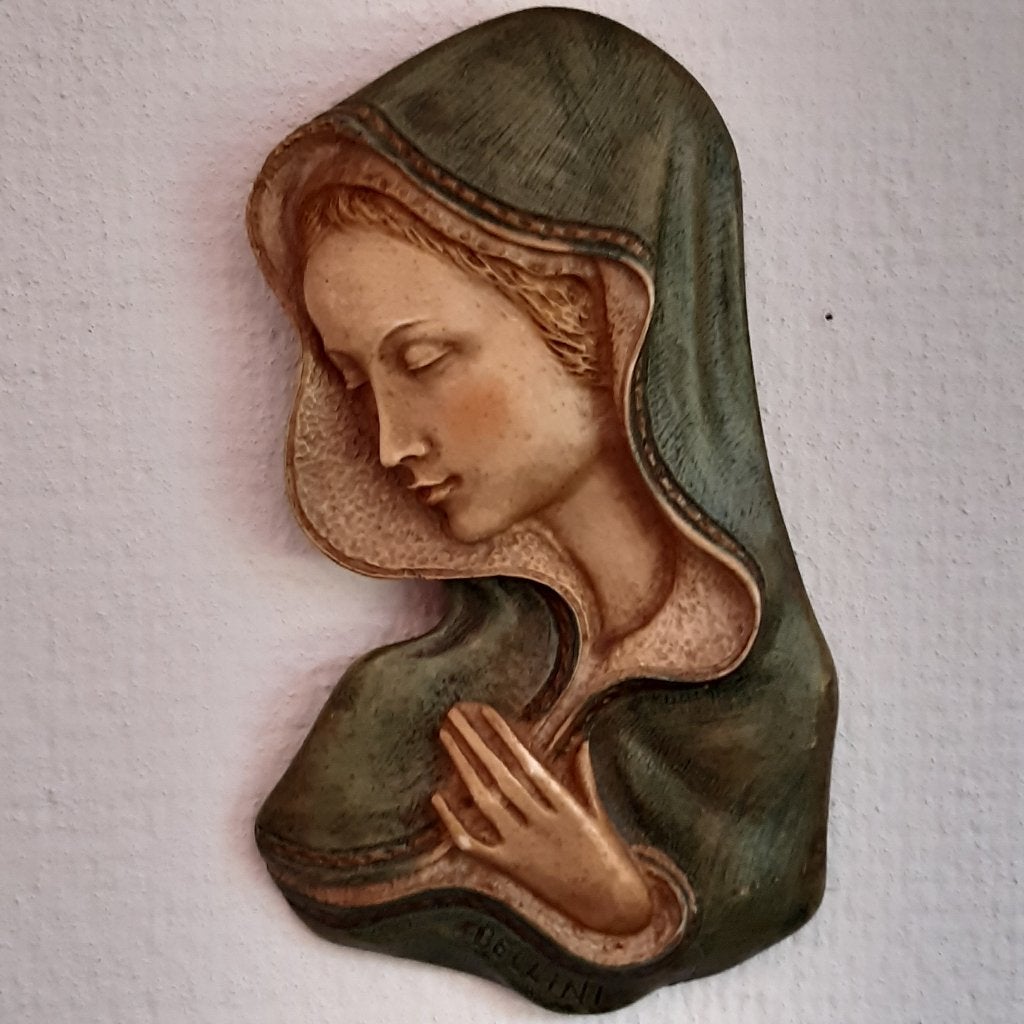 Vintage Wandreliëf Madonna,  gesigneerd Bellini. H 16,5 cm., Antiek en Kunst, Ophalen of Verzenden