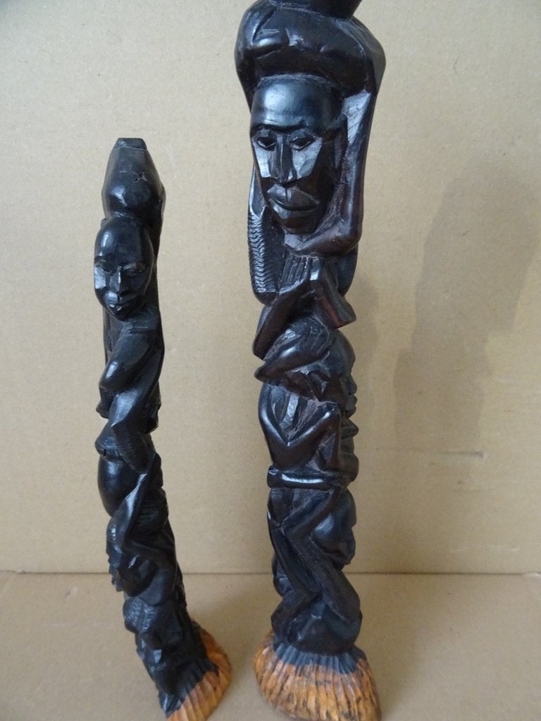 Set ebbenhouten beeld beelden levensboom 31cm + 37cm 1980, Antiek en Kunst, Ophalen of Verzenden