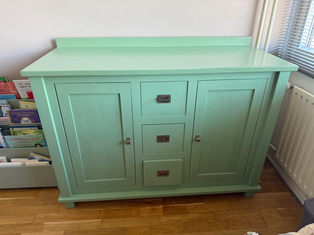 Vintage upcycled commode unisex zeegroen, Ophalen, Gebruikt, 50 tot 70 cm, 100 cm of meer