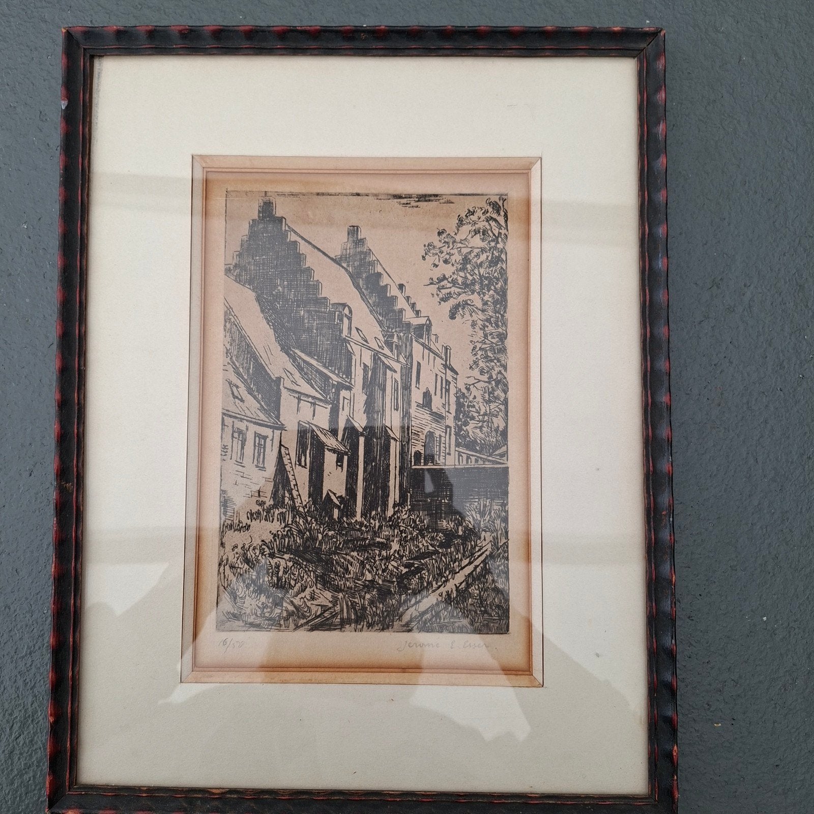 Ets van Jerome E. Esser - Stadsgezicht met gracht, Ets, Ophalen of Verzenden, 1900 - 1949, Genummerd