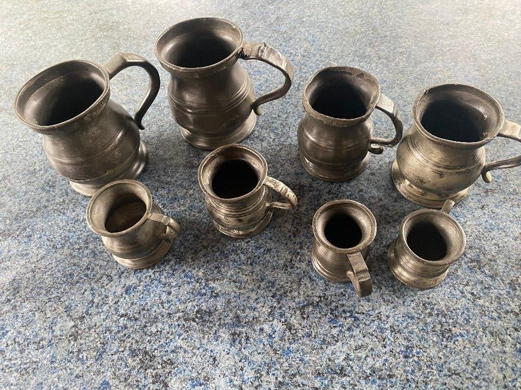 Antieke Engelse tinnen maatbekers, 8 stuks, pewter, Ophalen of Verzenden