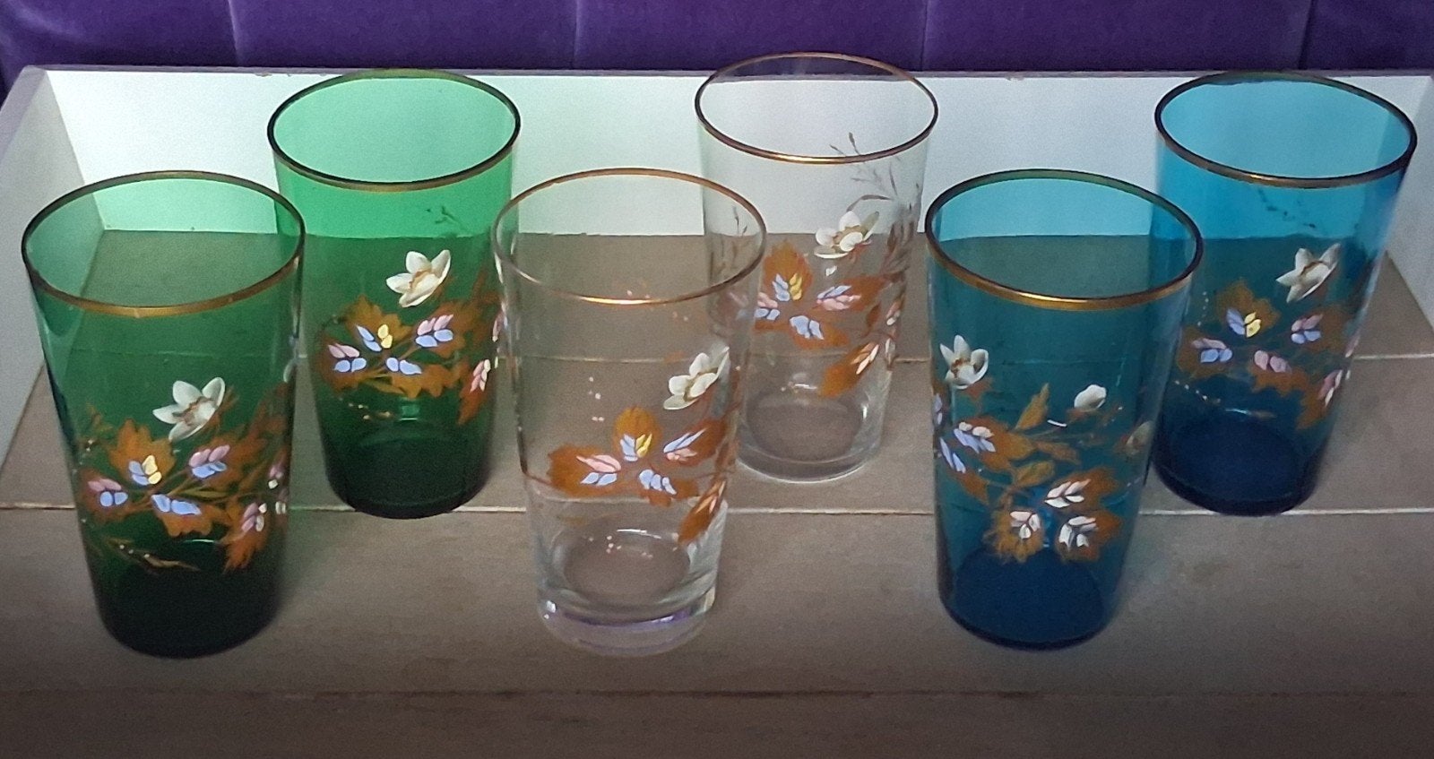 6 antieke victoriaanse glazen met schattige bloemdecoraties, Antiek en Kunst, Ophalen of Verzenden