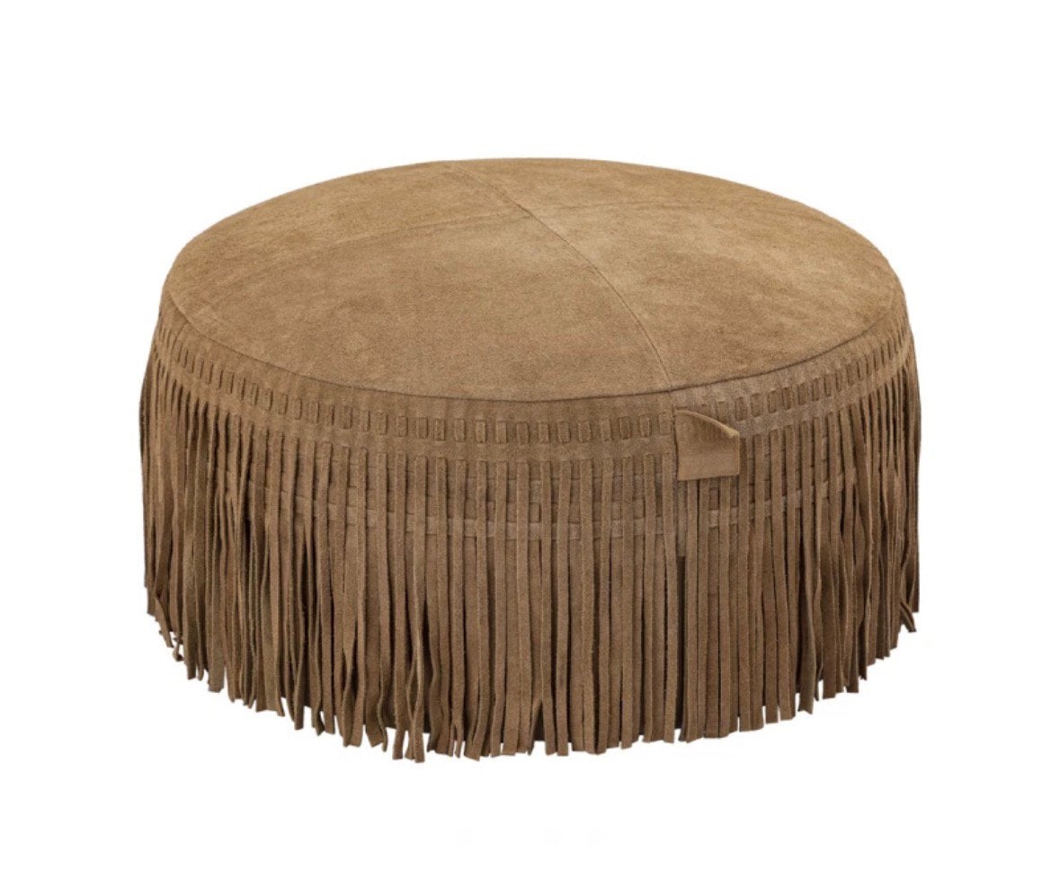 PTMD suede design poef camel met fringe, Ophalen, Minder dan 50 cm, Rond, Zo goed als nieuw