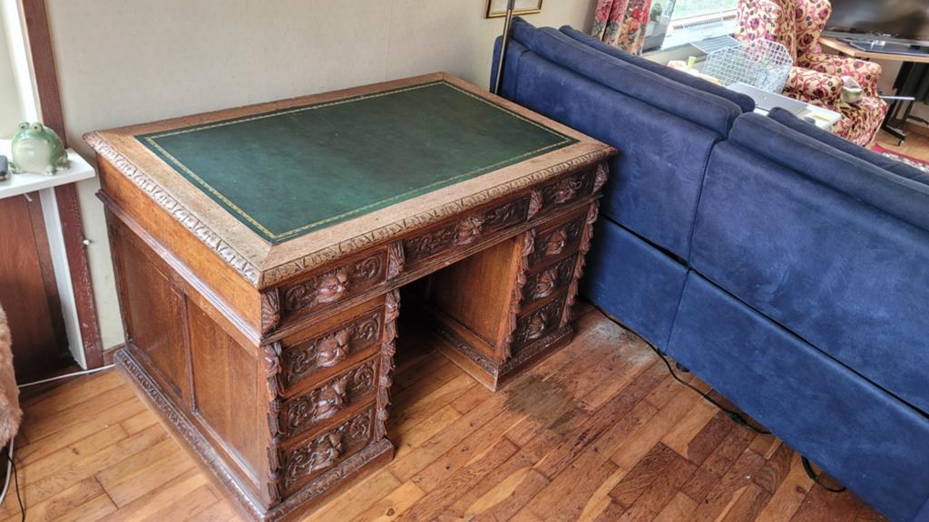 Antiek Eiken Bureau met Groen Lederen Blad, Ophalen
