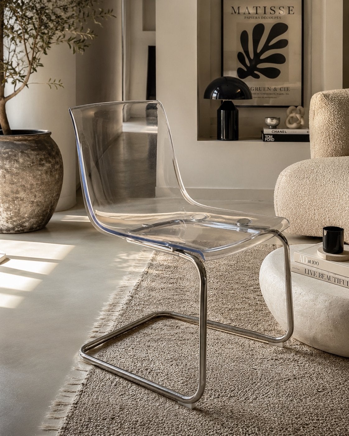 Transparante stoel met metalen onderstel tobias ikea, Huis en Inrichting, Stoelen, Ophalen, Kunststof, Gebruikt, Overige kleuren
