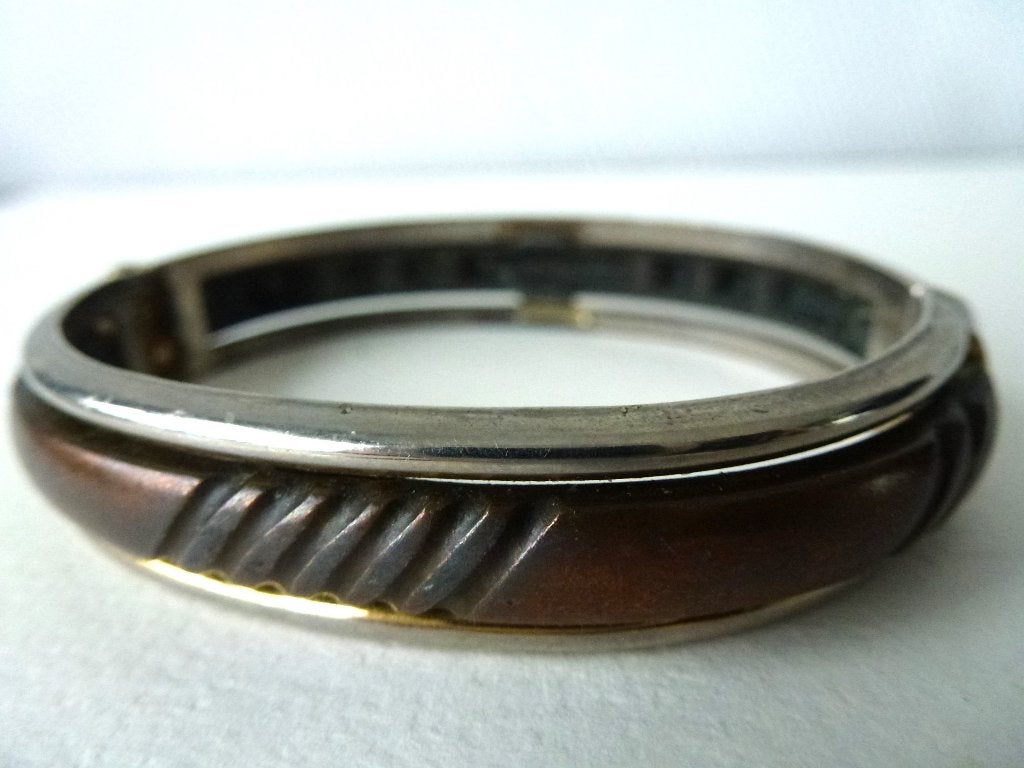 Vintage scharnier armband met galvaniseert donker koper, Ophalen of Verzenden, Gebruikt, Bruin, Overige materialen