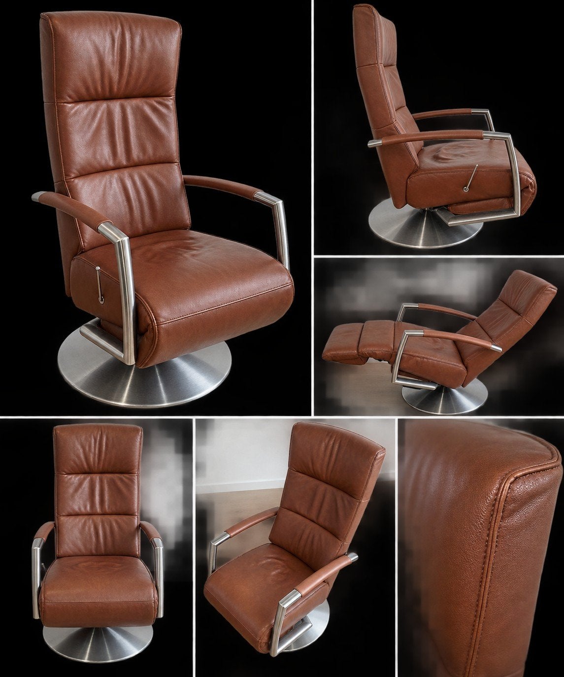 Luxe Cognac Leren Relaxfauteuil - Draaibaar - RVS Voet, Huis en Inrichting, Gebruikt, 75 tot 100 cm, Ophalen of Verzenden, Leer
