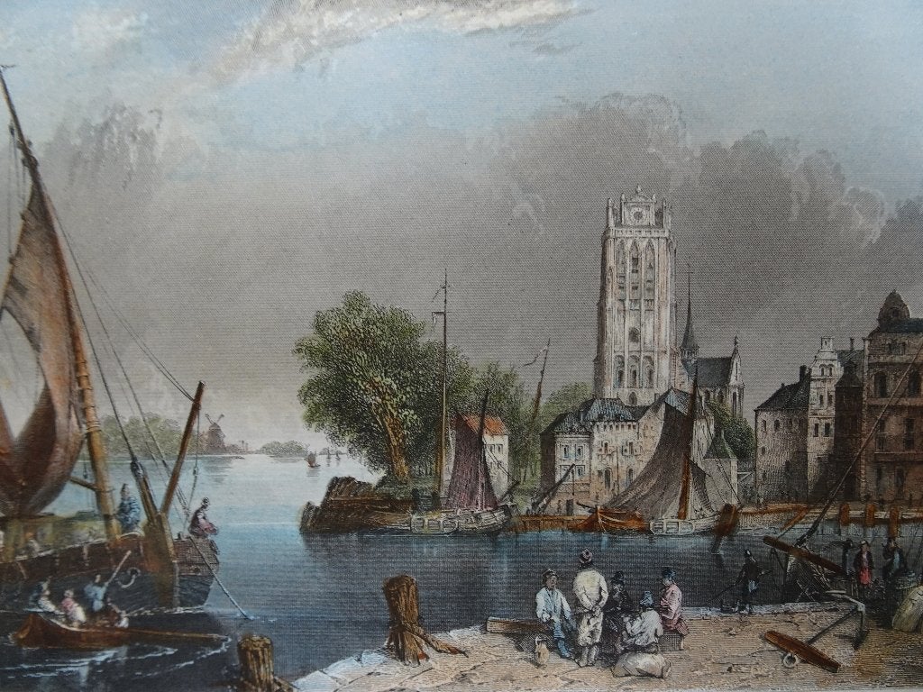 staalgravure Dordrecht havenhoofd kerk schepen A. Carse 1860, 1800 - 1899, Stadsgezicht, Ophalen of Verzenden, Gravure