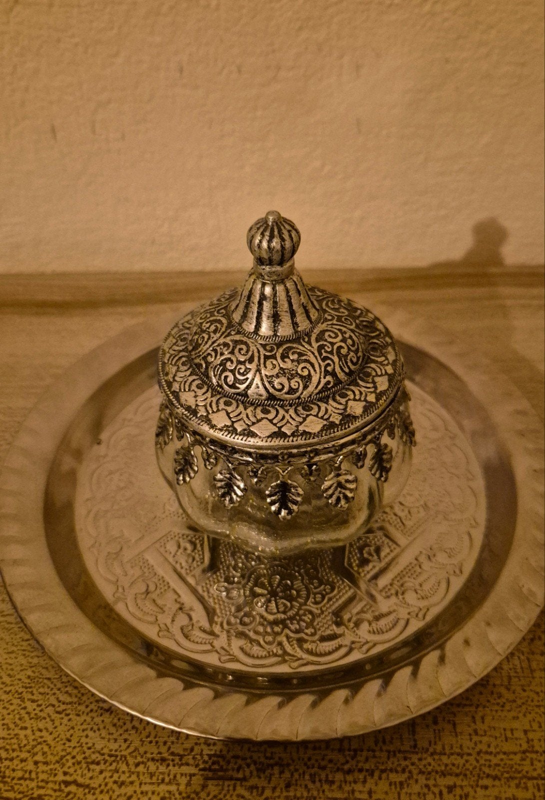 Vintage glazen pot met kleine dienblad, Ophalen of Verzenden