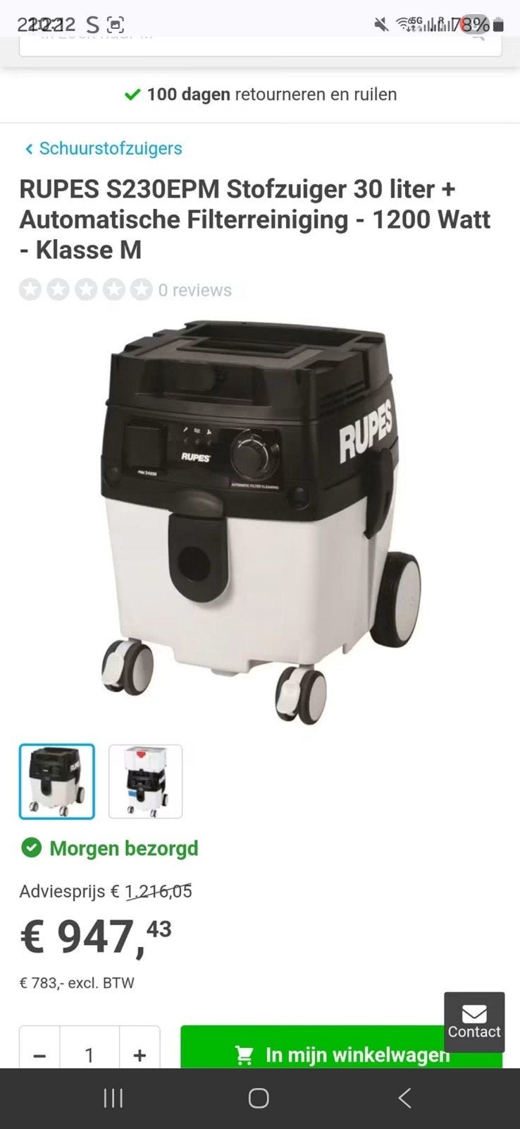 RUPES S130EPM Stofzuiger 30L - 1200W - Klasse M, Ophalen, Overige merken, Gebruikt, Automatisch legen