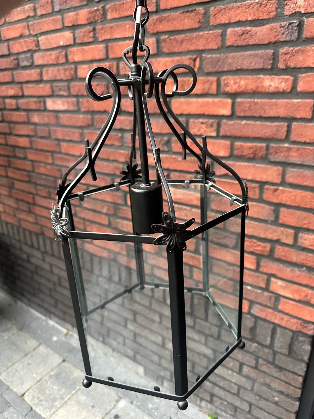 Zwart gespoten lantaarn hanglamp - 26x41 cm, Ophalen, Gebruikt, Metaal, E27 (groot)