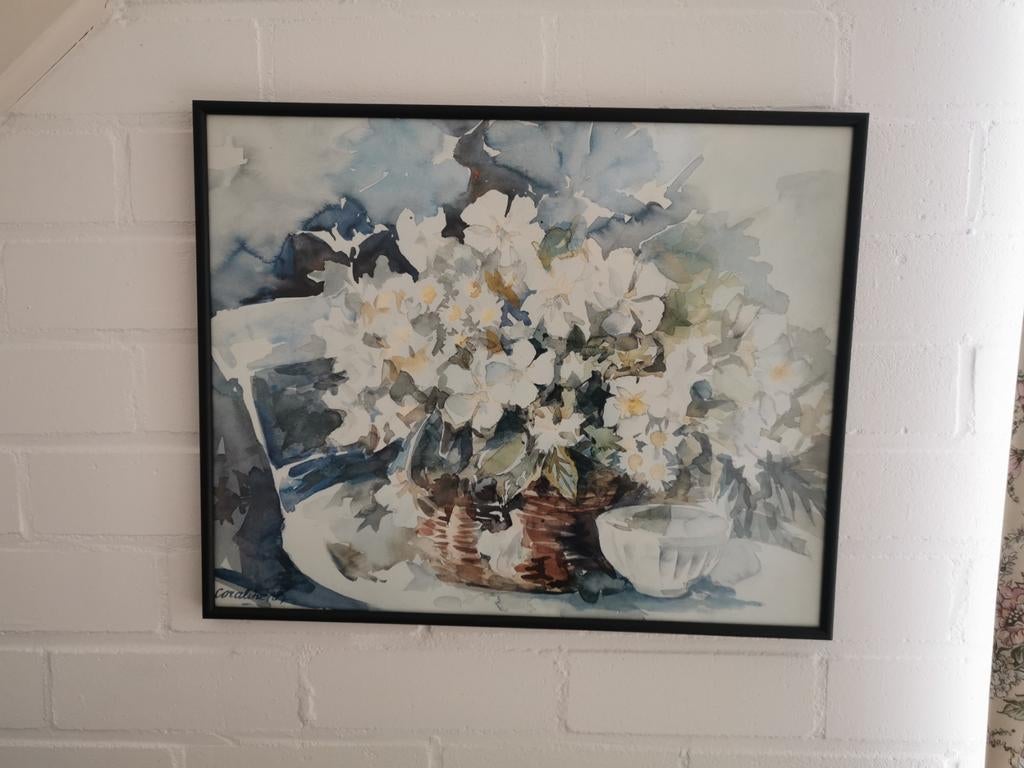 Aquarel 'Bloemenmand' door Coraline, gesigneerd, Ophalen