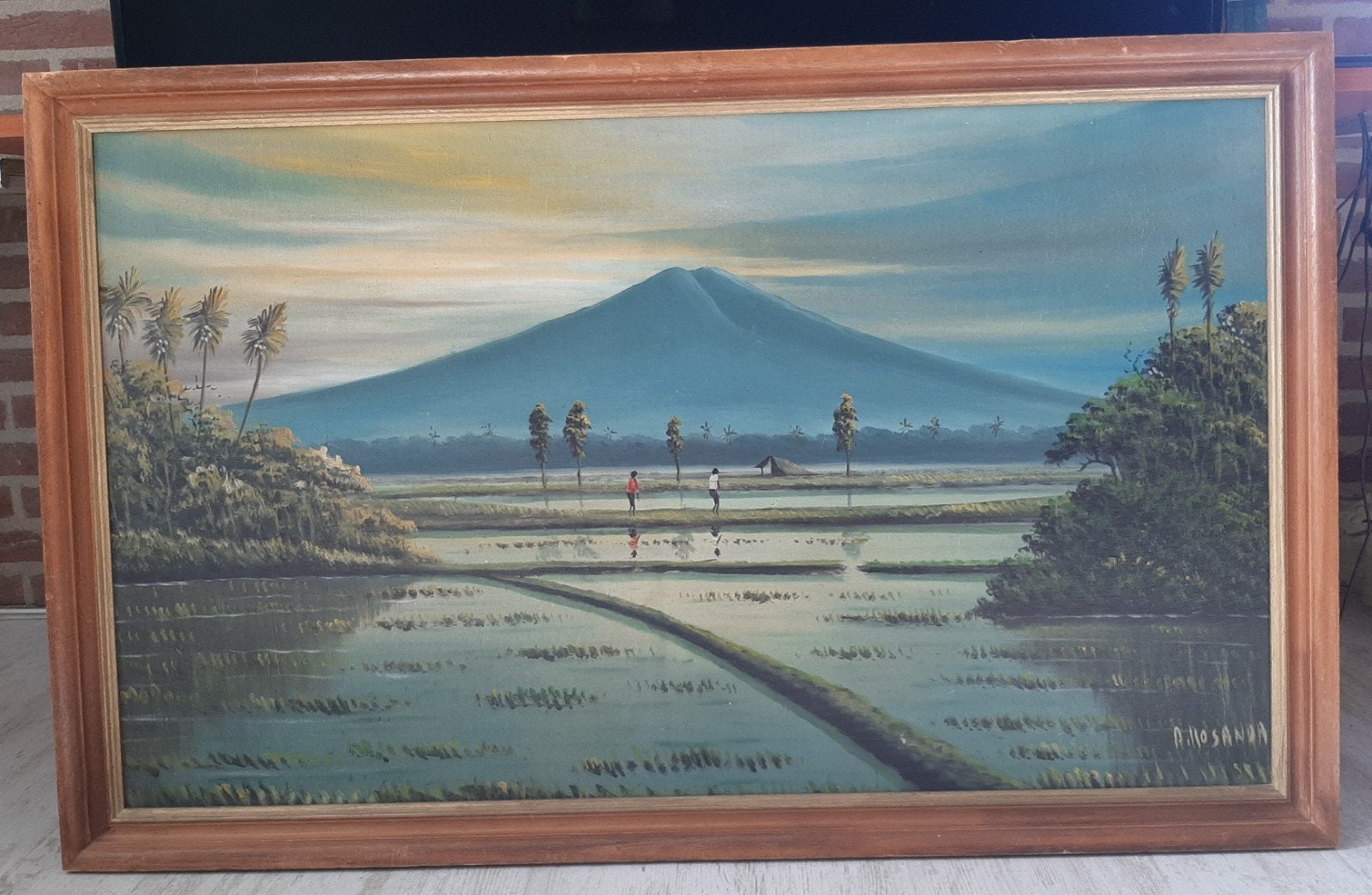 groot vintage schilderij rijstvelden indonesie, Ophalen, Landschap