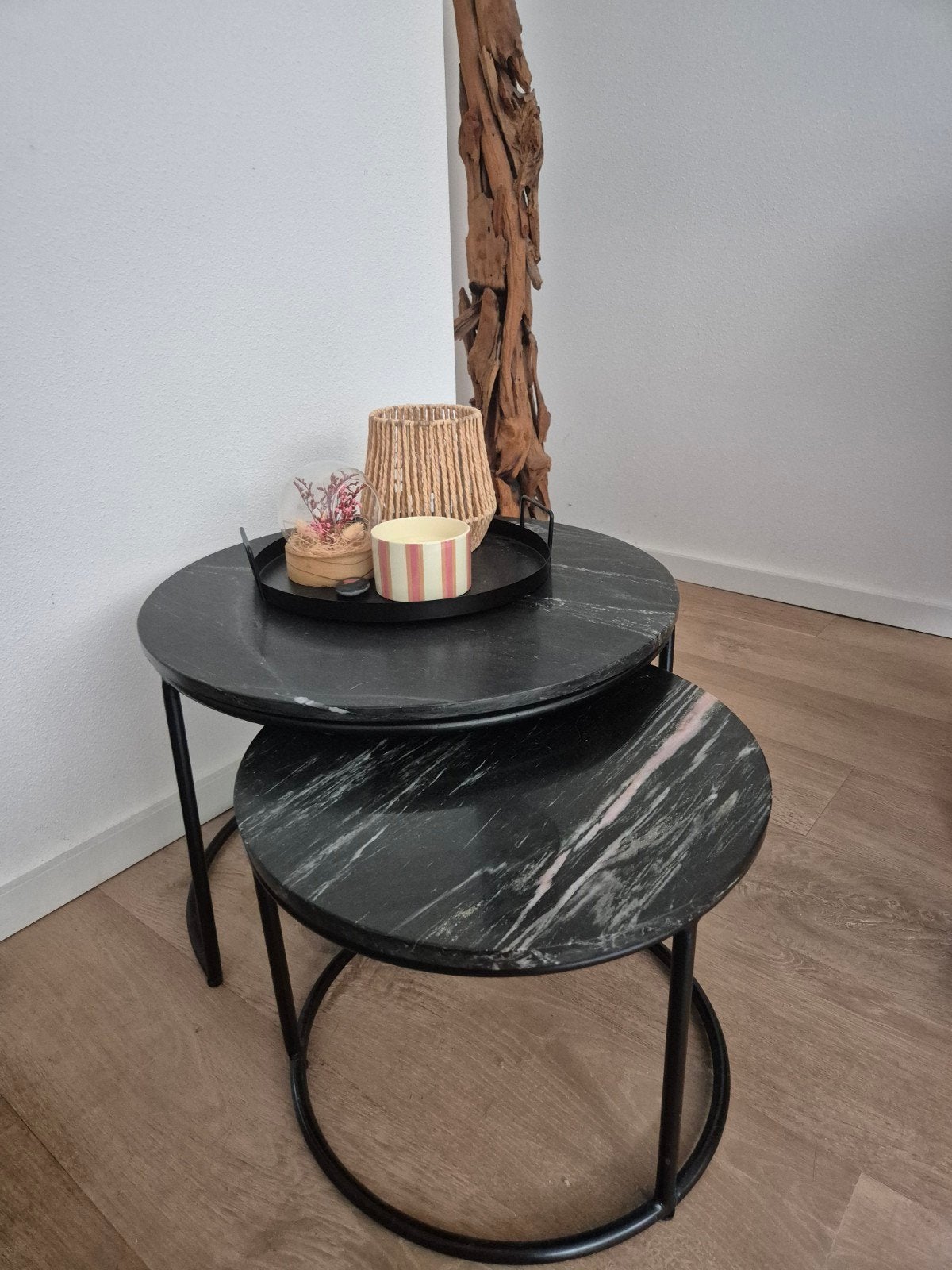 Set van 2 ronde bijzettafels/salontafels met marmer blad, 50 – 75, Gebruikt, 50 tot 100 cm, Rond