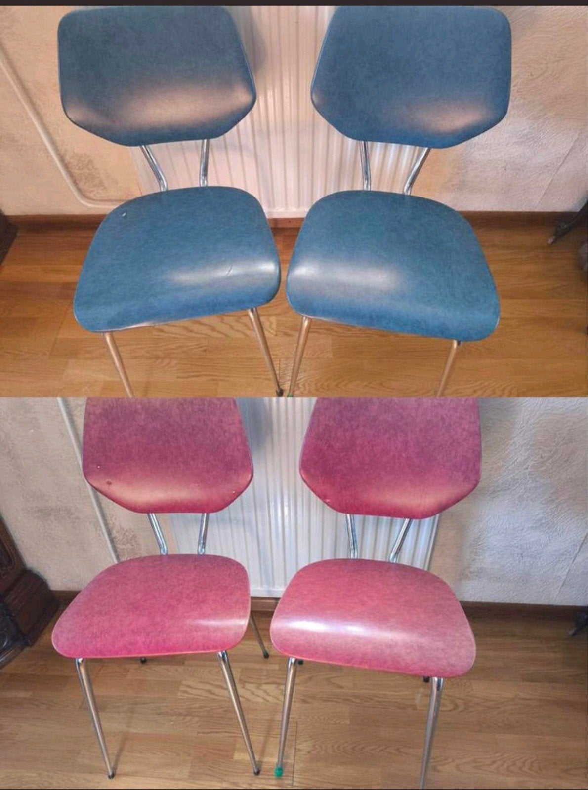 Set van 4 vintage stoelen - blauw en rood (retro), Huis en Inrichting, Stoelen, Ophalen, Gebruikt, Overige kleuren, Vintage, Retro
