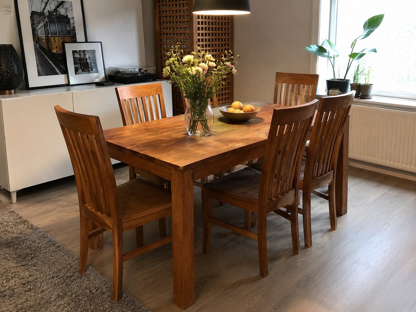Massief Houten Eettafel + 6 Stoelen | Teakhout, Ophalen, Zo goed als nieuw, 4 tot 6 stoelen