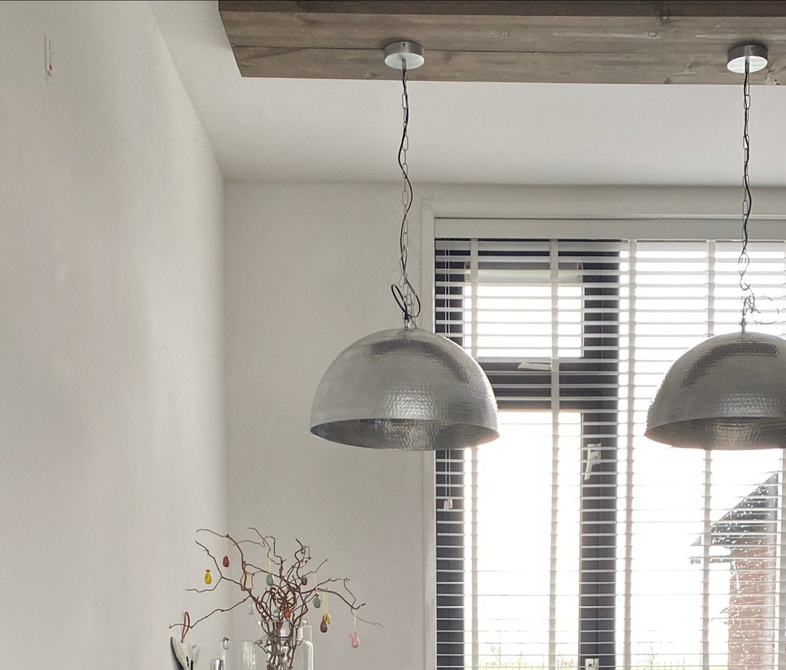 2 Industriële Eettafel Lampen met Houten Plaat, Ophalen of Verzenden, Gebruikt, Metaal