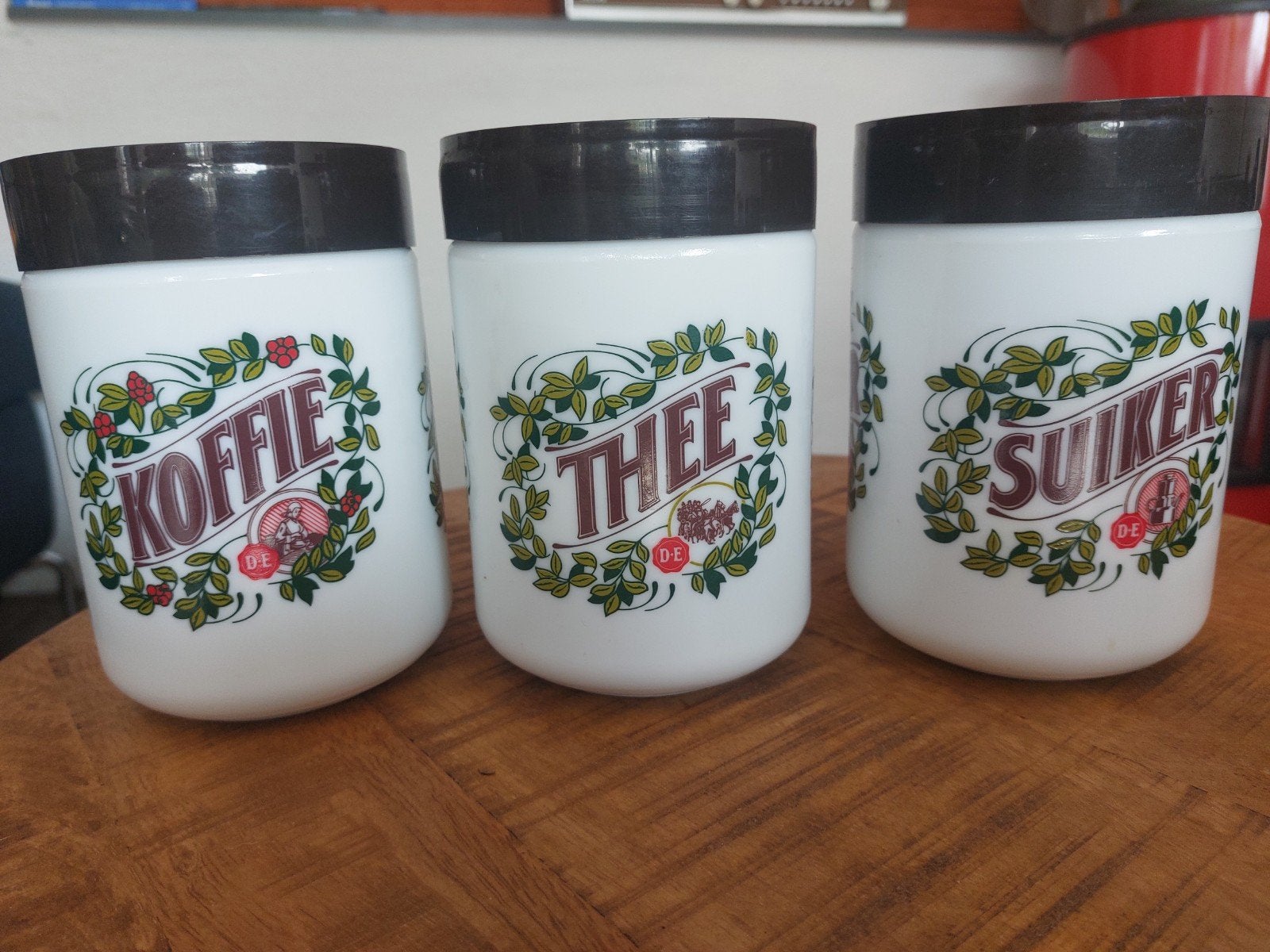 Vintage Douwe Egberts voorraadpotten (koffie, thee, suiker), Ophalen of Verzenden