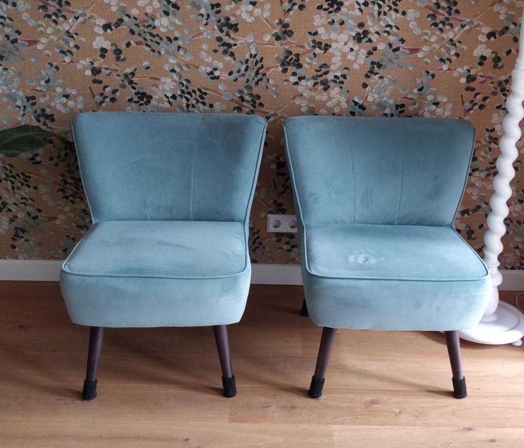 Fauteuils in groen/blauw velvet, 2 stuks, Ophalen, Modern, Klassiek, Gebruikt, 75 tot 100 cm