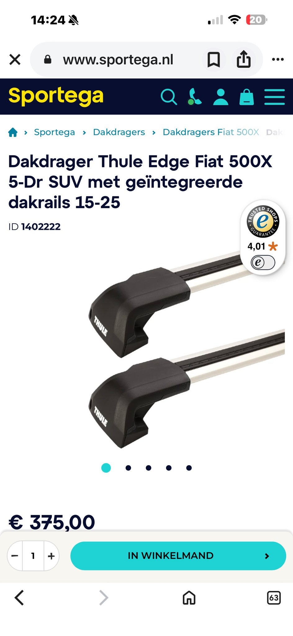 Thule Edge Dakdragers voor Fiat 500X SUV (15-25), Ophalen of Verzenden, Gebruikt