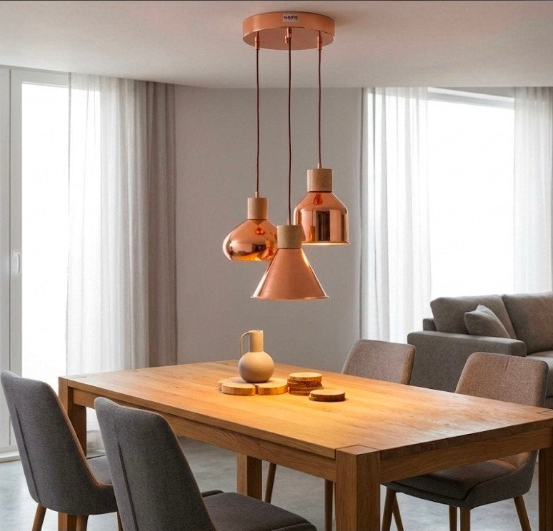 are Design Hanglamp 3-Lichts – Koper & Hout (Trio Cluster), Zo goed als nieuw, Modern, Hout, E27 (groot)