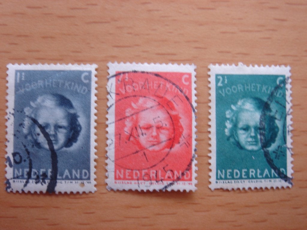 Kinderzegels 1945 3x NVPH 444, 445 en 446    Gestempeld, Ophalen of Verzenden, Na 1940, Gestempeld