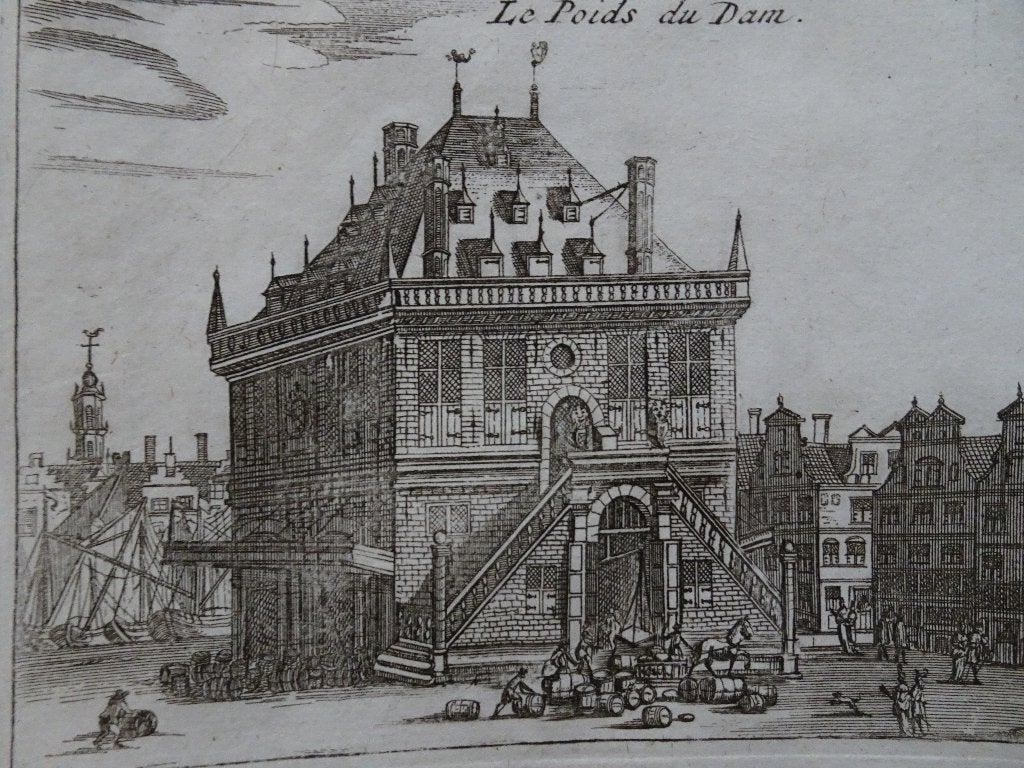Gravures 3 stuks Waag Beurs Stadhuis Amsterdam 1720, Antiek en Kunst, Verzenden, Architectuur, Gravure, Dubbele gravure